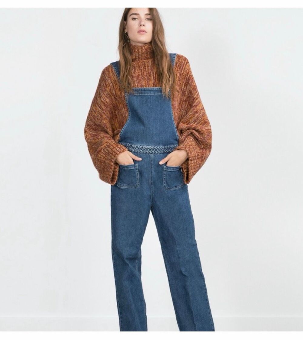 Zara Women’s Medium Wash Wide Leg Flare Braided Waist Denim Dungarees Overall